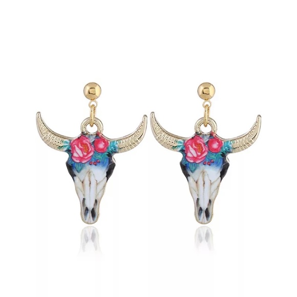 Jewelry - Western Floral Skull Post Back Earrings Gold White Blue